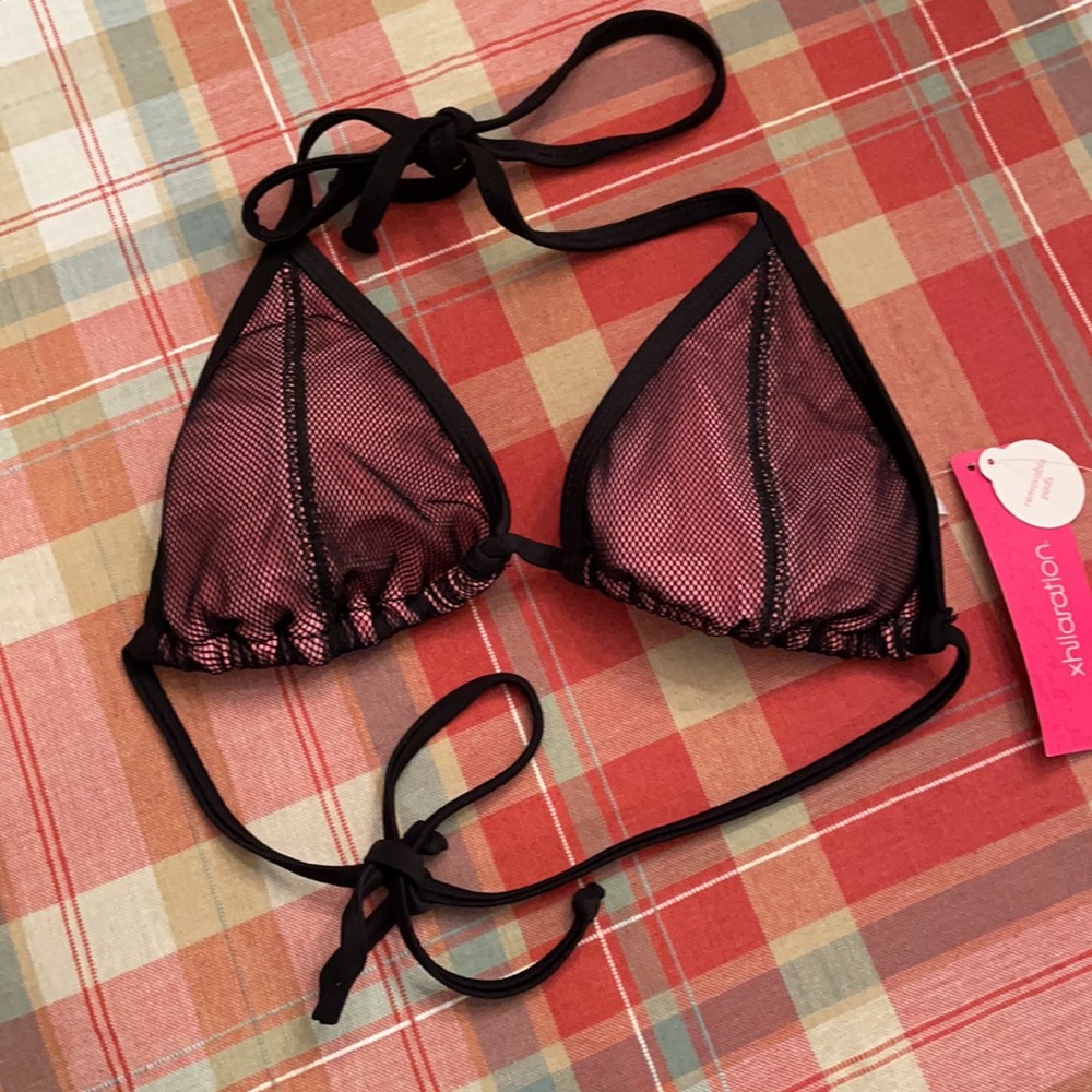 NWT Xhilaration Triangle Bikini Top Black Pink Mesh